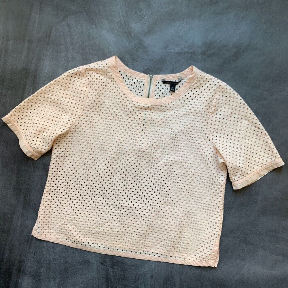 Banana Republic Soft Pink Circle Lace Shell Half Sleeve Back Zip Top Size Medium